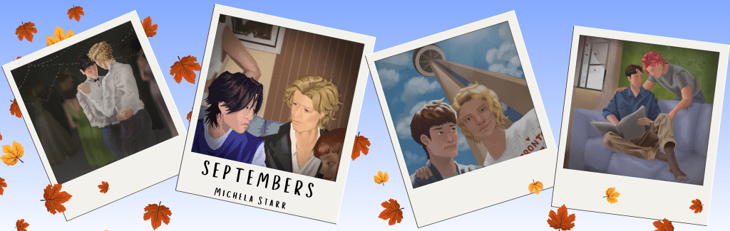 Four polaroid pictures of two young men through the years. It's against a blue sky backdrop with autumn leaves floating by. 